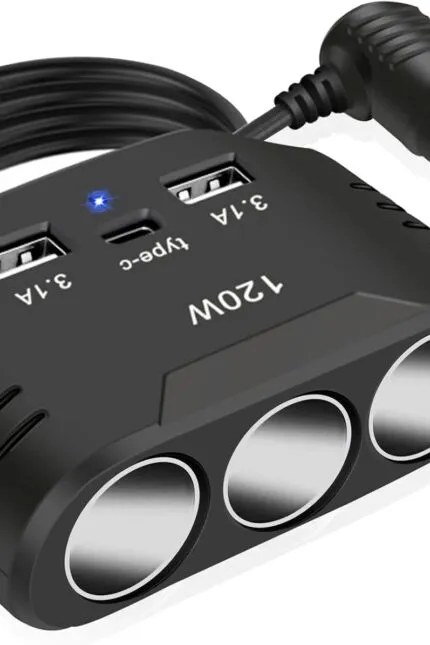 Adaptor brichetă auto 12 V, 120 W, încărcător auto, 3 prize multiple, splitter, cablu de încărcare DC 24 V cu 3 porturi USB pentru încălzirea scaunului telefonului mobil, GPS, cameră de bord, navigație prin satelit