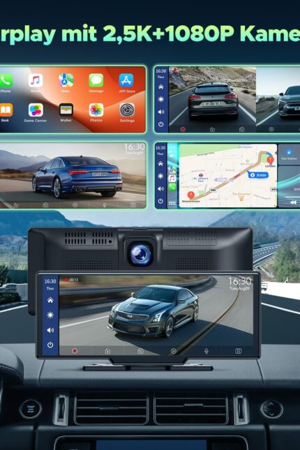 LAMTTO Wireless CarPlay Android Car, Radio auto portabil de 9,26 inci cu cameră frontală/spate 2.5K + 1080P, ecran Carplay pentru mașină cu 64G TF, Bluetooth, navigație, Mirror Link, Siri/G00gle, AUX/FM