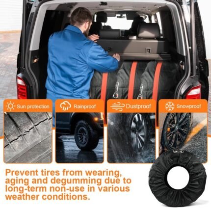 Set de 4 huse pentru anvelope Adiwo, huse de protecție pentru anvelope 13-18 inci, cu mâner de transport, anvelope de iarnă, anvelope de vară, husă de protecție, depozitare anvelope pentru transport și depozitare curate, negru, S (diametru 66 cm)