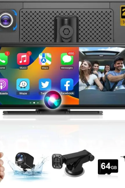 Ecran auto Android Apple Carplay de 10,26 inch cu cameră video reglabilă 2.5K, față/spate, Driveplay wireless cu cameră de mers înapoi, radio auto Carplay cu Bluetooth, link oglindă, 64G TF