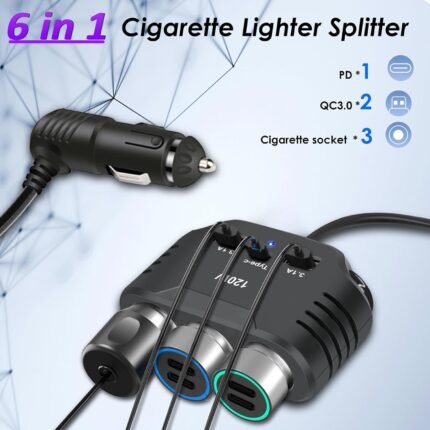 Adaptor brichetă auto 12 V, 120 W, încărcător auto, 3 prize multiple, splitter, cablu de încărcare DC 24 V cu 3 porturi USB pentru încălzirea scaunului telefonului mobil, GPS, cameră de bord, navigație prin satelit
