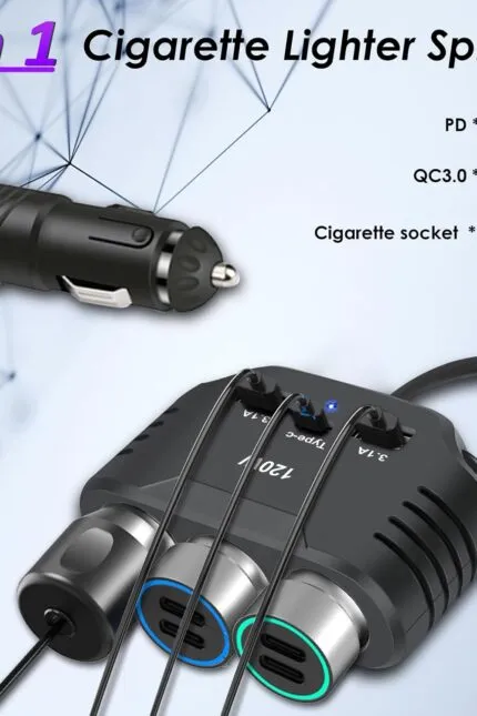 Adaptor brichetă auto 12 V, 120 W, încărcător auto, 3 prize multiple, splitter, cablu de încărcare DC 24 V cu 3 porturi USB pentru încălzirea scaunului telefonului mobil, GPS, cameră de bord, navigație prin satelit
