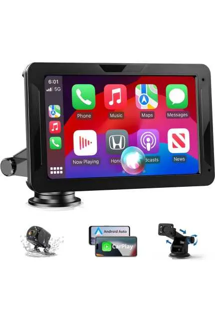 Alpinetech Afișaj auto Android și Carplay, Android de 7 inci cu cameră video spate, ecran tactil IPS, Bluetooth AUX FM, link oglindă, Siri, afișaj Buddy pentru toate vehiculele