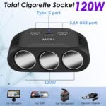 Adaptor brichetă auto 12 V, 120 W, încărcător auto, 3 prize multiple, splitter, cablu de încărcare DC 24 V cu 3 porturi USB pentru încălzirea scaunului telefonului mobil, GPS, cameră de bord, navigație prin satelit