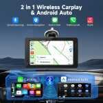 Alpinetech Afișaj auto Android și Carplay, Android de 7 inci cu cameră video spate, ecran tactil IPS, Bluetooth AUX FM, link oglindă, Siri, afișaj Buddy pentru toate vehiculele