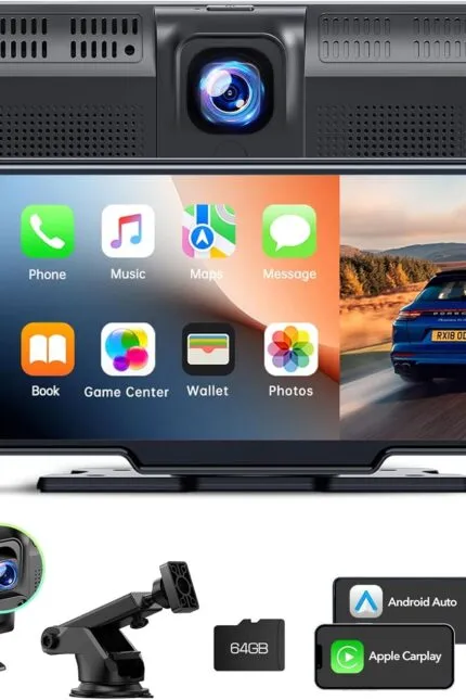 LAMTTO Wireless CarPlay Android Car, Radio auto portabil de 9,26 inci cu cameră frontală/spate 2.5K + 1080P, ecran Carplay pentru mașină cu 64G TF, Bluetooth, navigație, Mirror Link, Siri/G00gle, AUX/FM