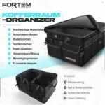 Organizator portbagaj auto FORTEM, geantă portbagaj, organizator portbagaj auto pliabil cu compartimente, bază antiderapantă, curele de siguranță reglabile, capac pliabil (negru, standard)