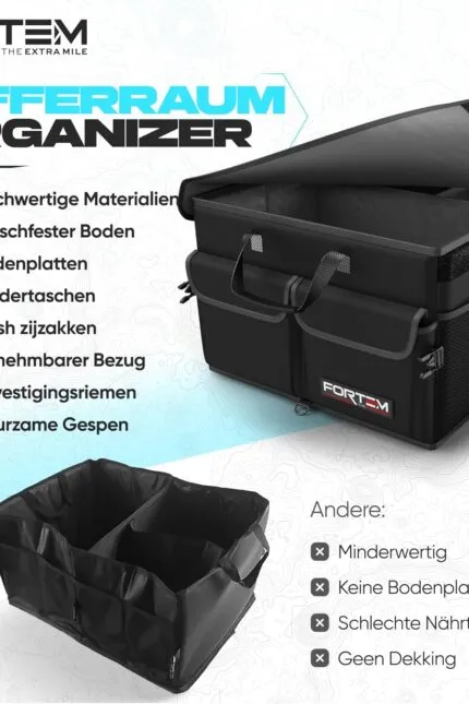 Organizator portbagaj auto FORTEM, geantă portbagaj, organizator portbagaj auto pliabil cu compartimente, bază antiderapantă, curele de siguranță reglabile, capac pliabil (negru, standard)