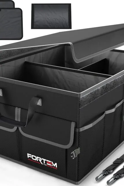 Organizator portbagaj auto FORTEM, geantă portbagaj, organizator portbagaj auto pliabil cu compartimente, bază antiderapantă, curele de siguranță reglabile, capac pliabil (negru, standard)