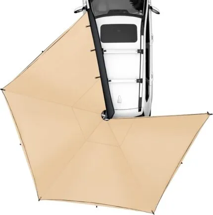 copertina retractabila 270 grade montata pe SUV, extensibila si impermeabila, ofera umbra si protectie UV la camping