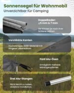 Copertină pentru rulotă Ezcasch 300 x 240 cm, set copertină pentru autorulote cu protecție solară și etanșare impermeabilă, inclusiv stâlpi x 3, țevi x 2 etc.